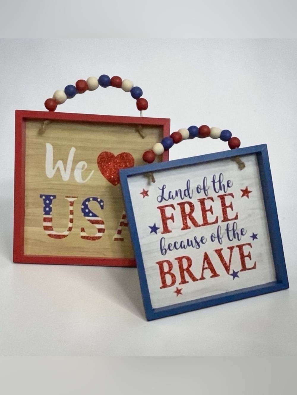 Patriotic Wall Decor Hangings Shadowbox Signs Beaded Square 8 in X 8 in